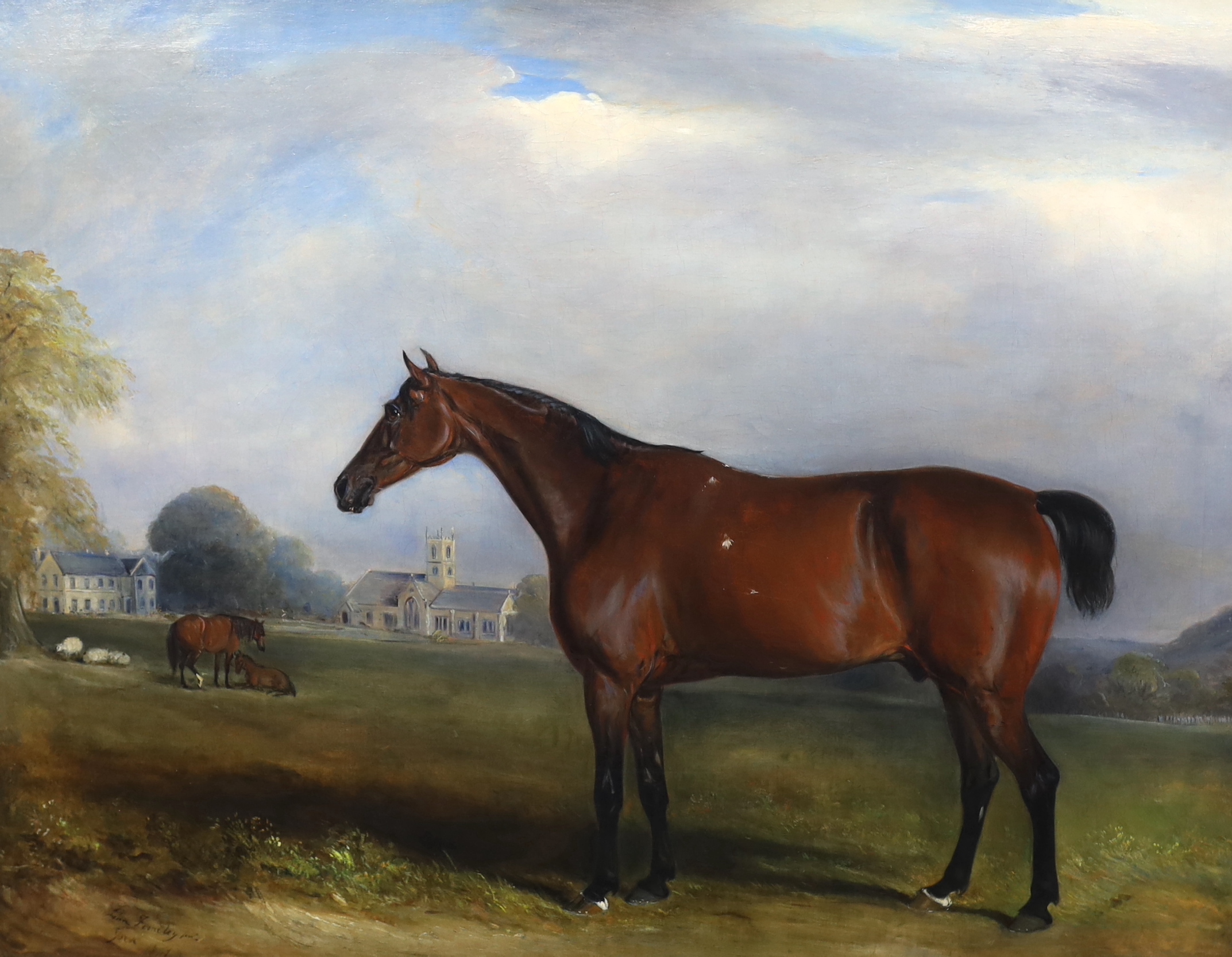 John E. Ferneley Jnr (British, 1815-1862), Portrait of a bay horse in a landscape, a church and country house beyond, oil on canvas, 70 x 90cm